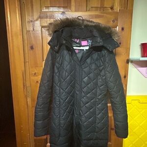 Joules Black Quilted Puffer Coat with Faux Fur Hood